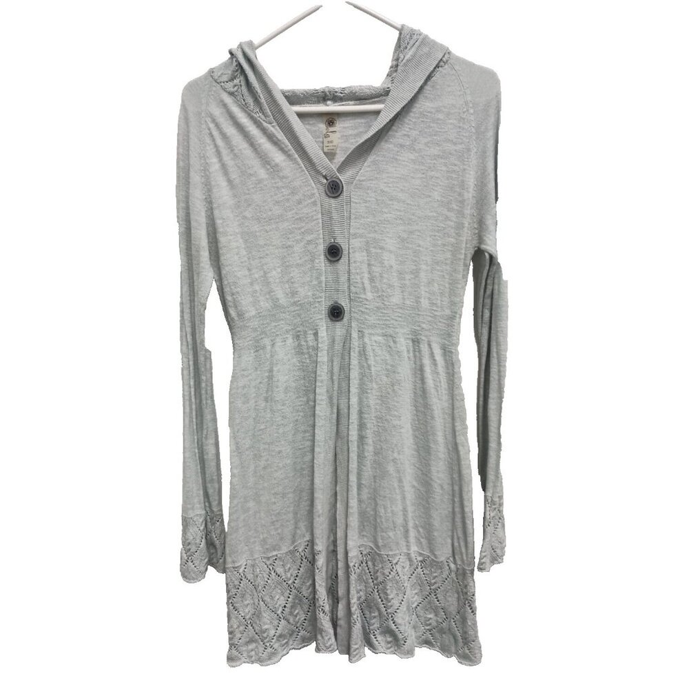 Lola Womens Hooded Longline Cardigan Medium Gray Crochet Button Front Casual
